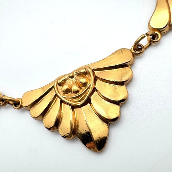 Brass Art Nouveau Revival Link Necklace Mid-Century Vintage 1970s Design 15" - Picture 2 of 8